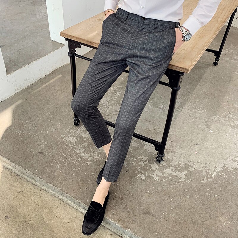 England herre stribede bukser slim fit gentleman jakkesæt bukser herre ankellange streetwear herre bukser bukser ternet homme pantalon: Grå / Xxl
