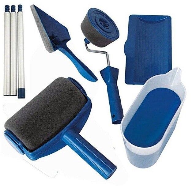 5/8Pc Multifunctional Paint Runner Pro Roller Brush Tool Set Paint Roller Set Room Wall Painting Brushe Set Home Repack Tool: Blue-8 set