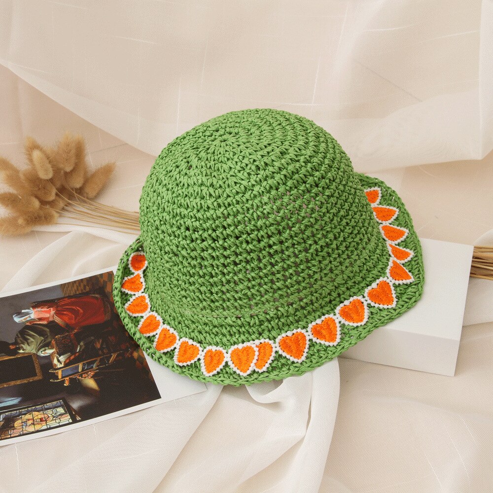Zomerhoed Kinderen - Cartoon Hart - Strohoed - Zonnebescherming - Casual Strandaccessoires: Groen