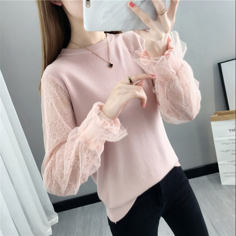Menina malha manga longa camisola de malha feminino o pescoço solto preguiçoso costura lanterna manga laço bottoming jumper primavera 2020 primavera