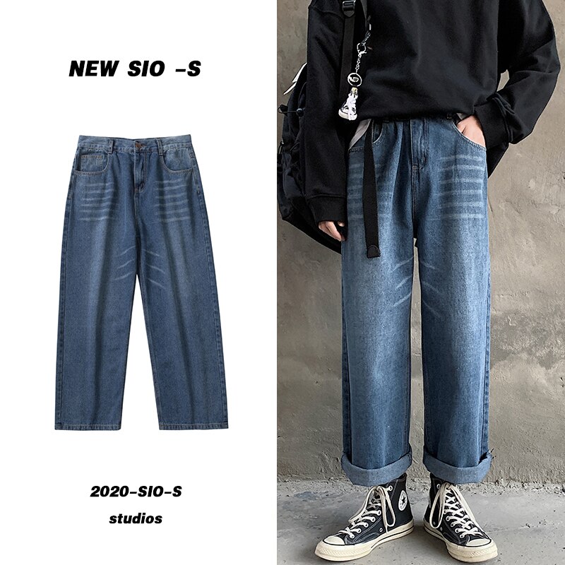 Blå hvid straight jeans herre vaskede casual retro jeans bukser herre streetwear vilde løse hip hop denim bukser m -2xl