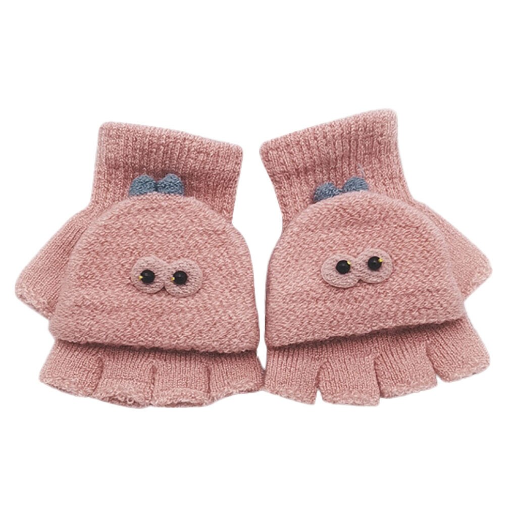 Children Kids Boys Girls Winter Cartoon Cat Patchwork Color Warm Knitted Gloves Kids Boy Girl Convenient Half-finger Gloves: Pink