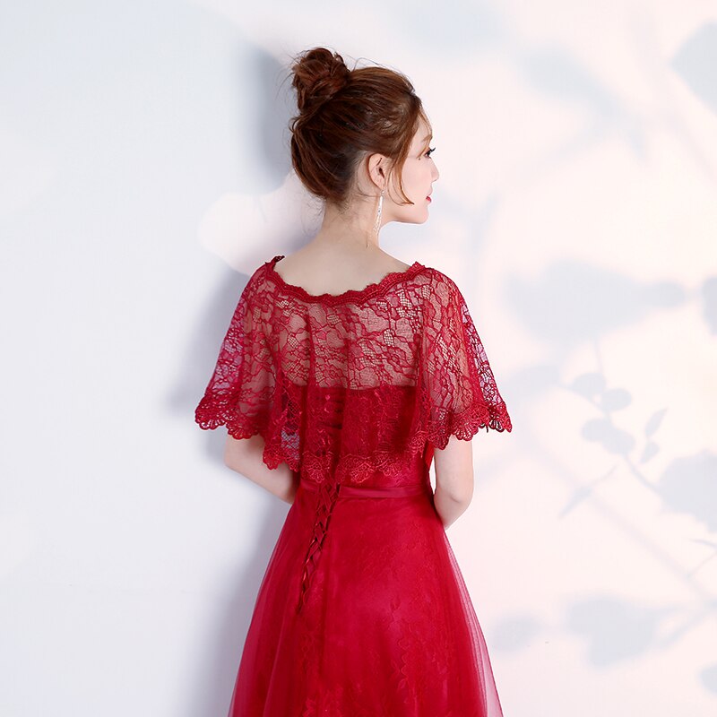 Women Dress Long Party Prom Wrap Scoop Neck Lace Appliqued Wedding Party: Wine Red