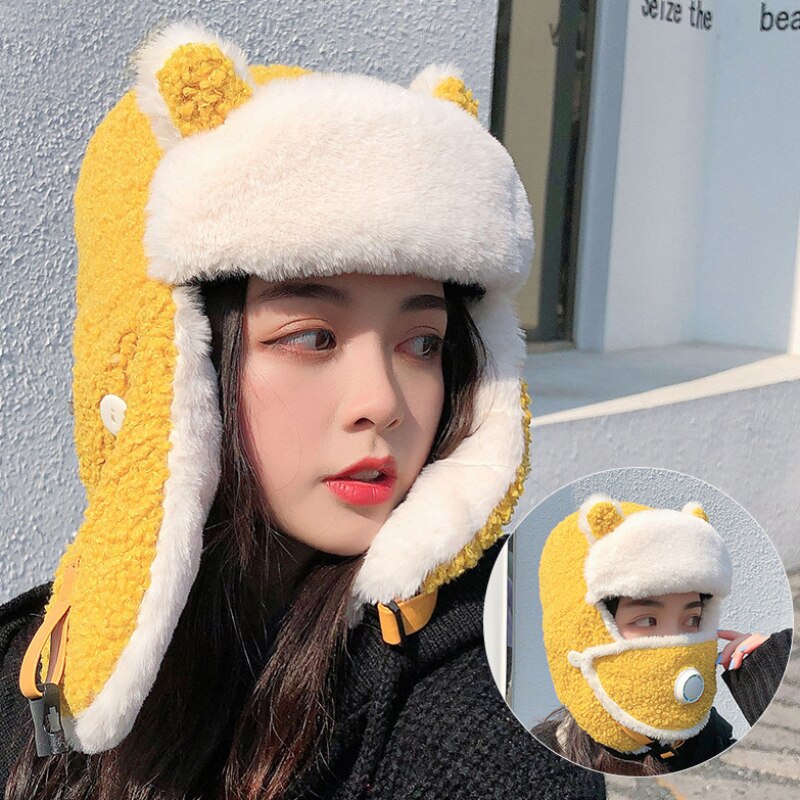 HT3375-gorro ruso de lana de oveja gruesa y cálida con máscara para mujer, gorro de invierno con orejera de esquí, gorra de cazador: YELLOW