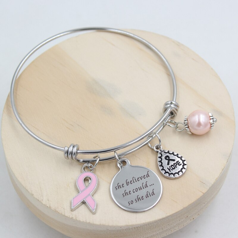 Breast Cancer Awareness Bracelet Expandble Stainless Steel Bangle Jewelry for Women Pulsera