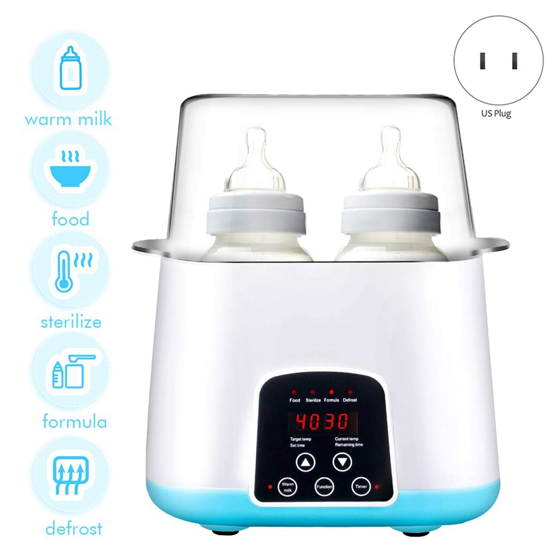 Babyflaskevarmer, flaske dampsterilisator 5- i -1 smart termostat dobbeltflaske baby madvarmer til modermælk eller formel: Ac110v