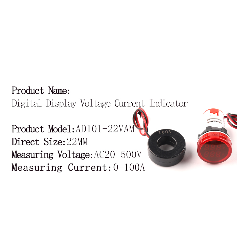 22mm okrągły kwadrat podwójna lampa doprowadziło wskaźnik pilot LightDigital woltomierz amperomierz 0-100A wzmacniacz napięcie wolt miernik testowy AC 20-500V: VAM okrągły czerwony