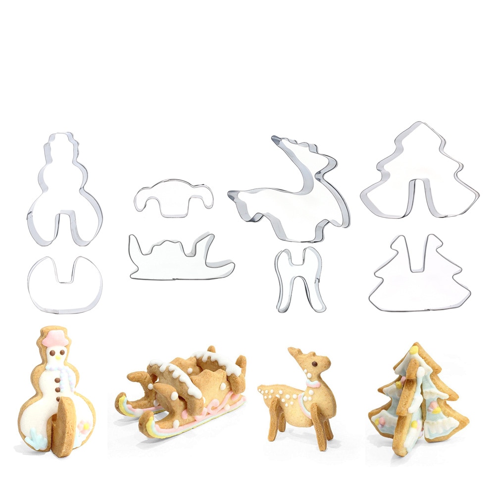 8 Stks/set 3D Kerst Cookie Cutters Rvs 3D Cakevorm Cookie Mold Fondant Cutter Diy Bakken Cake Decorating Gereedschap