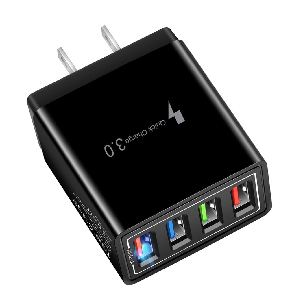 4 USB Port Charger 3.0 for iPhone Tablet Travel Charging Head Induction Mobile Phone Charger Adapter: full black