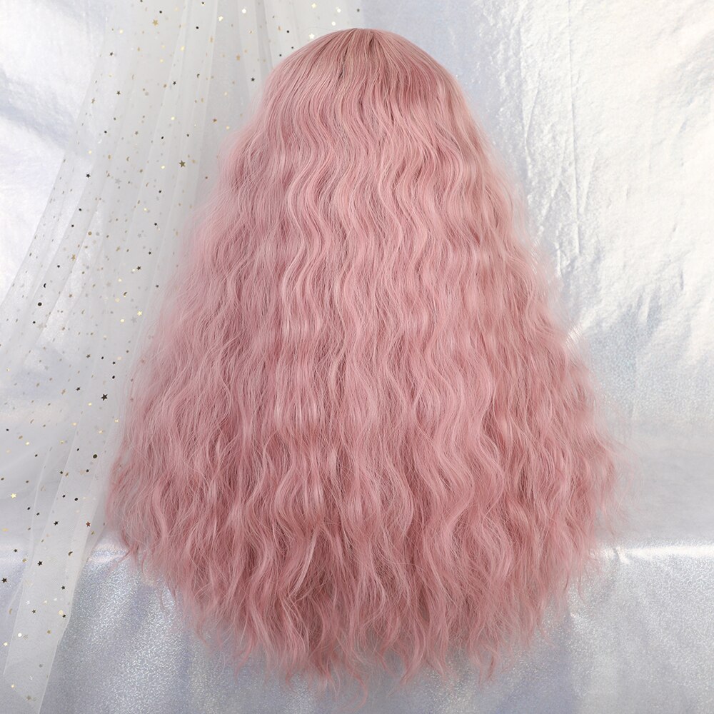 ALAN EATON Long Wavy Women Wigs High Temperature Fiber Synthetic Wigs Long Hair Cosplay Wigs Pink Wig with Bangs Lolita Cosplay