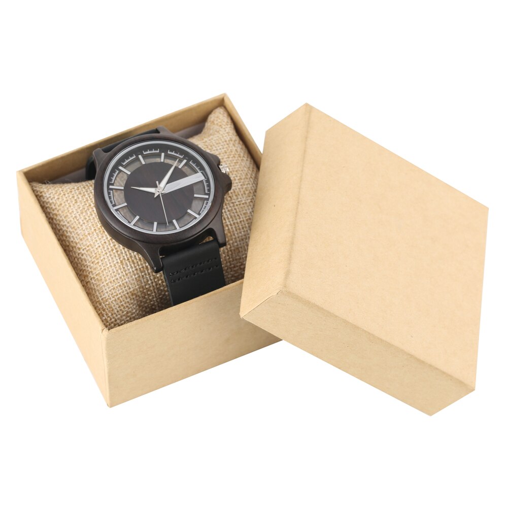 Ebony wood ur herre gennemsigtig hul urskive træure analogt ur vintage quartz armbåndsur reloj de madera: Sort med æske