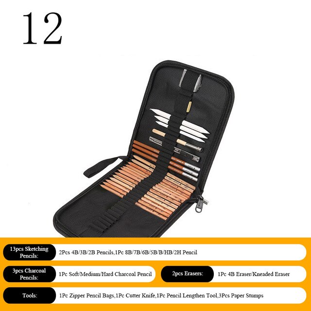 Sketch Pencil Set Sketching Drawing Kit Wood Pencil Bags Students Drawing Art Supplies Office Stationery: 12