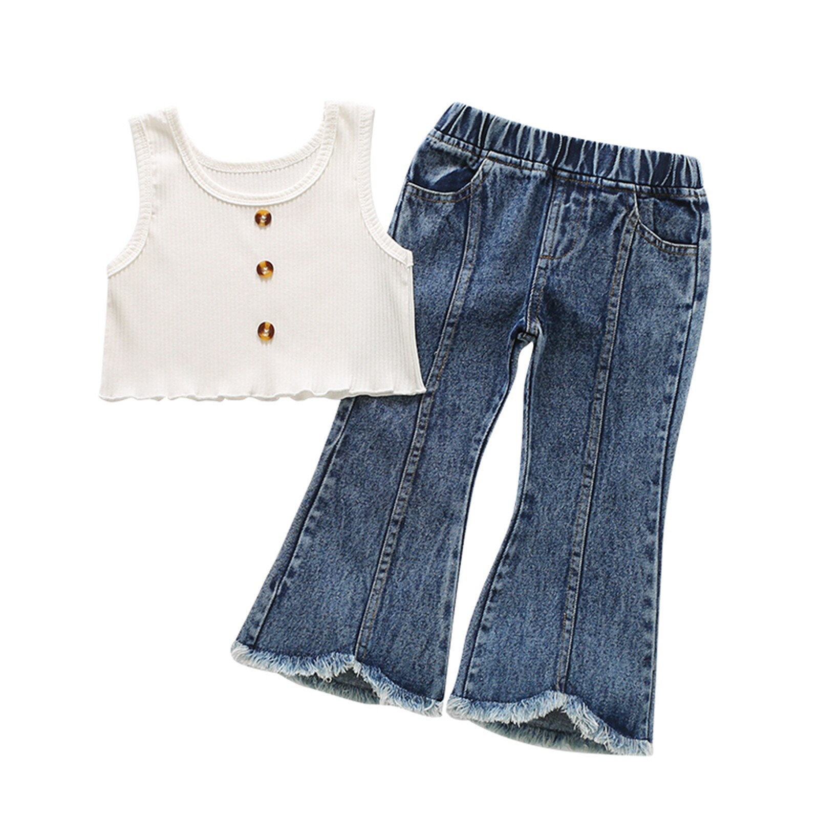 Peuter Little Zomer Outfits, baby Meisje Effen Kleur Ronde Hals Knop Tank Top + Gerafelde Zoom Pocket Flared Jeans 18M-6T