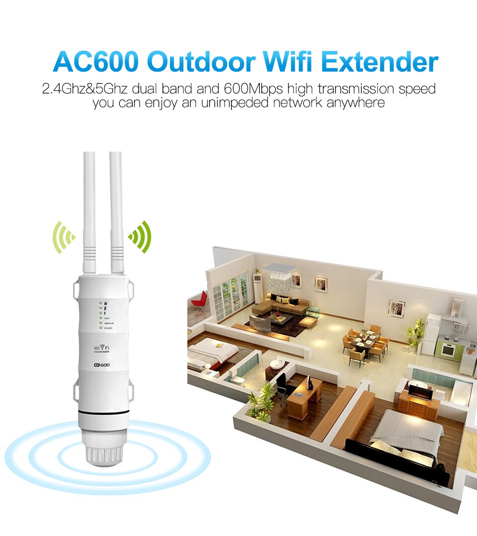 AC600 Dual Band 2.4G/5G Wireless AP High Power Wifi Repeater Outdoor Waterproof Wireless Router Wifi Extender with Outer Antenna