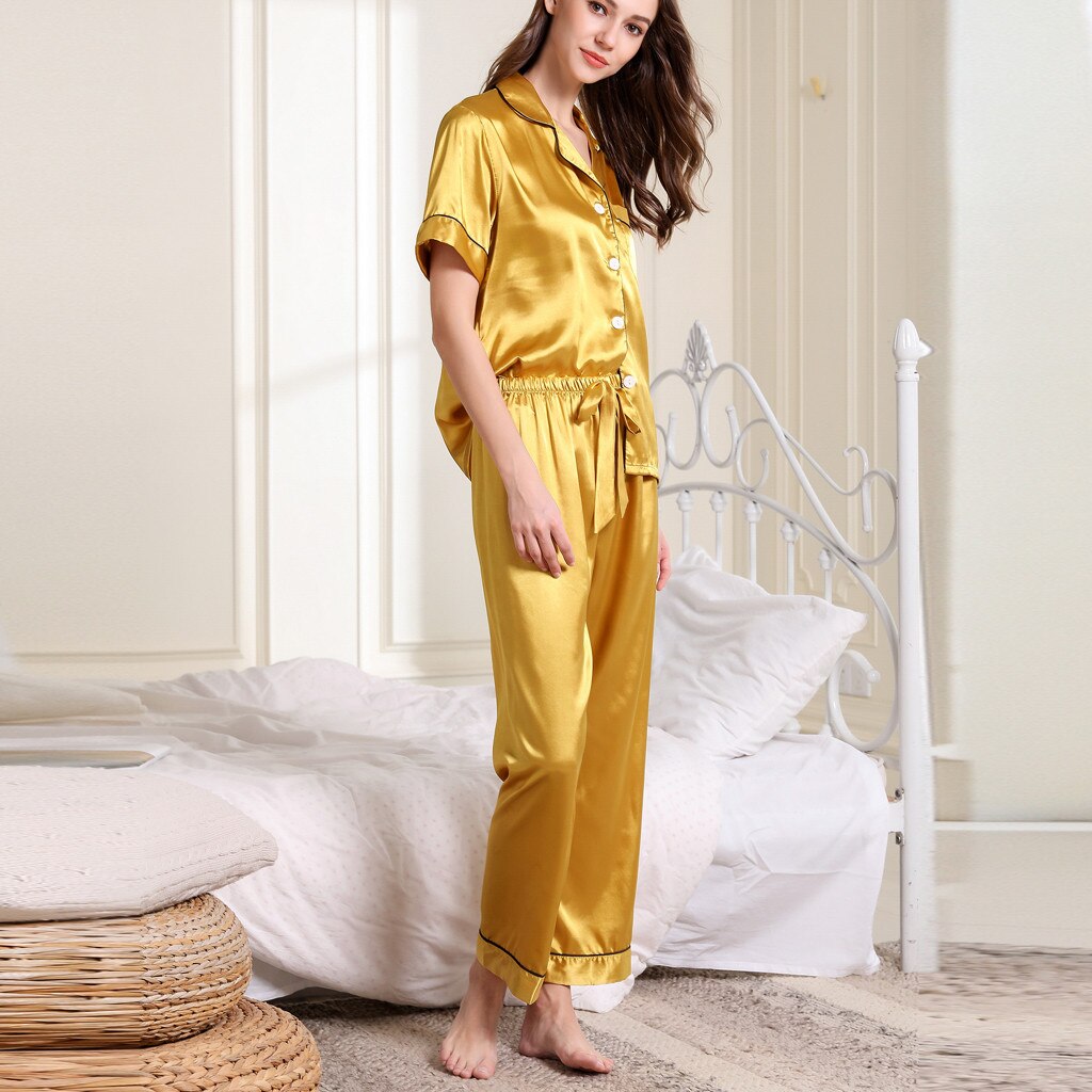 SAGACE Short Sleeve Silk Pajama Sets Women autumn Short Sleeves Long Ladies Pijama Sleepwear Nightwear Set Plus Size