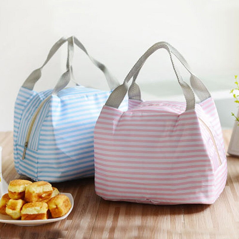 Neueste Lunch Bag Isolierte Kalten Leinwand Streifen Picknick Tragen Fall Thermische Tragbaren Mittagessen Box Frauen Kinder Männer Lunch Box Tasche tote
