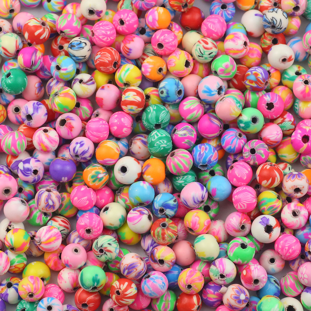 50 Uds. De cuentas redondas sueltas con patrón de flores de arcilla suave colorida de 6/8/10/12mm para fabricación de joyería, pulseras, collares, suministros para manualidades: Negro