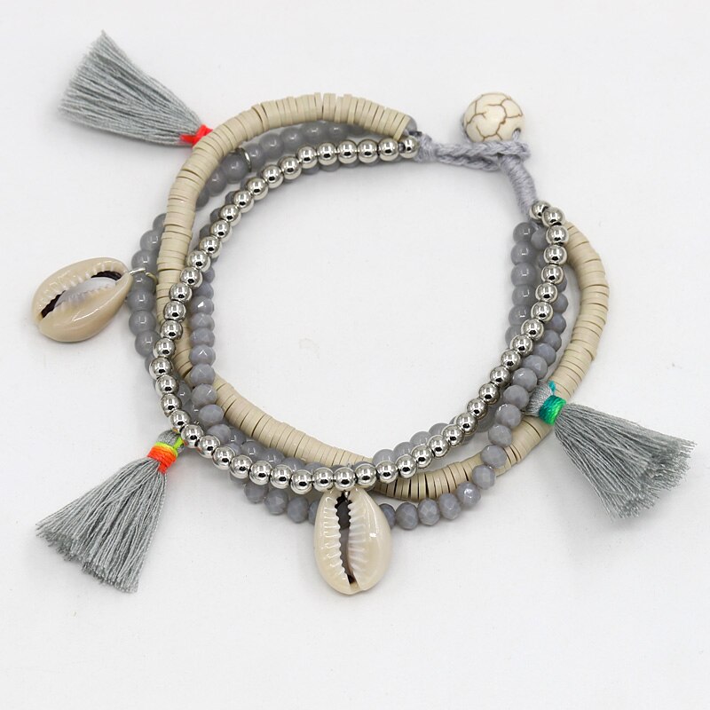 multi-couche perles brin coquille Bracelet été plage bijoux cristal argile pierre mixte gland Bracelets femmes