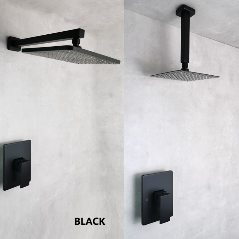 Matt Black Ultra Thin Square 8 Inch 304 Stainless Steel or ABS Top Shower Concealed In Wall Head Shower Set System