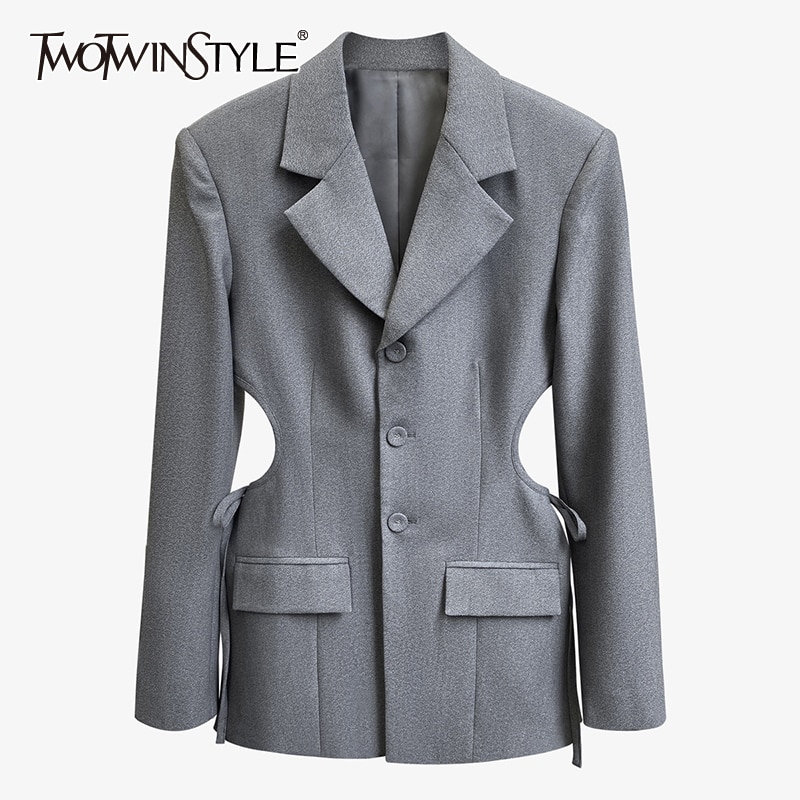 Twotwinstyle Hollow Out Lace Up Strik Blazer Voor Vrouwen Revers Lange Mouwen Casual Coat Vrouwelijke Mode Kleding Fall