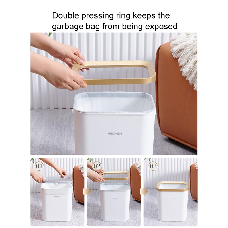 15L Kitchen Bathroom Trash Can with Handle Golden Luxury Square Trash Bin Office Paper Recycling Wastebasket Storage Box