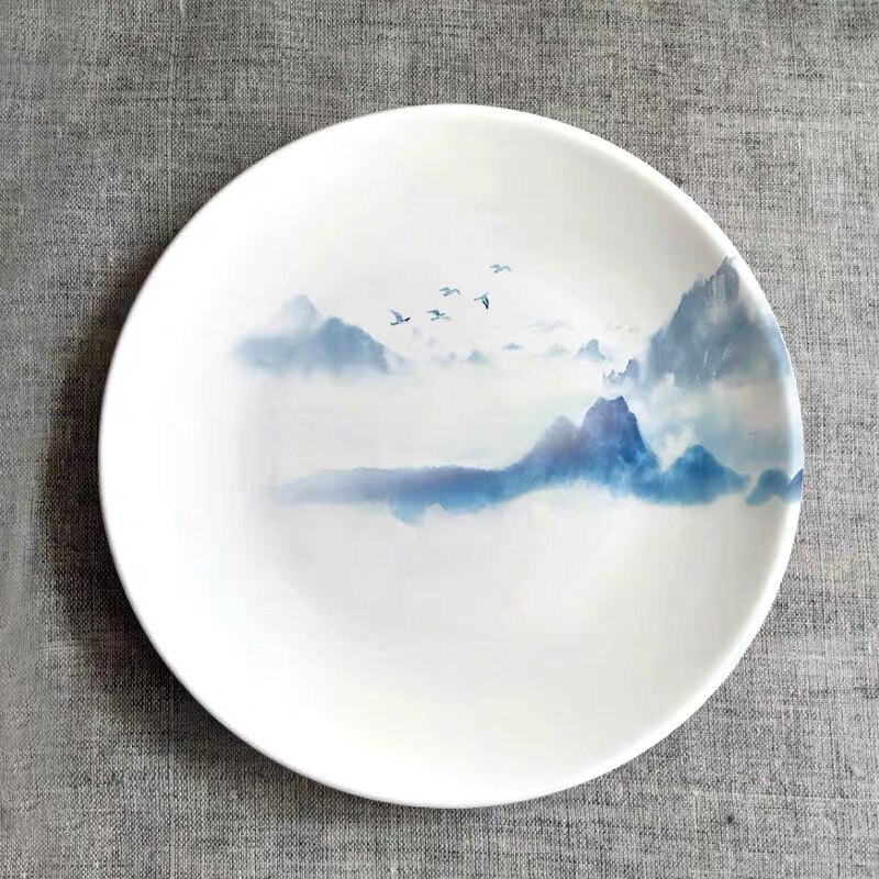 Plato colgante de pared con pintura de paisaje moderno de cerámica, Plato decorativo de porcelana creativa, adornos de decoración de entrada de la casa: E