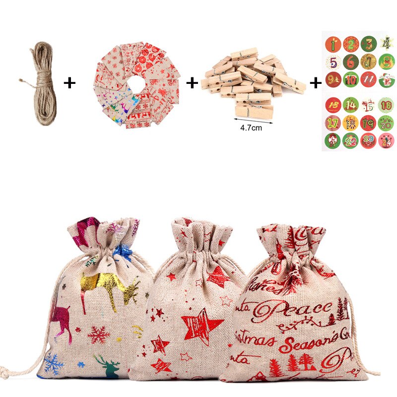 Juleadventskalender 24 dage hængende slikposer med snoretræk med klistermærker gør-det-selv-sække genanvendelige julenedtællingspynt