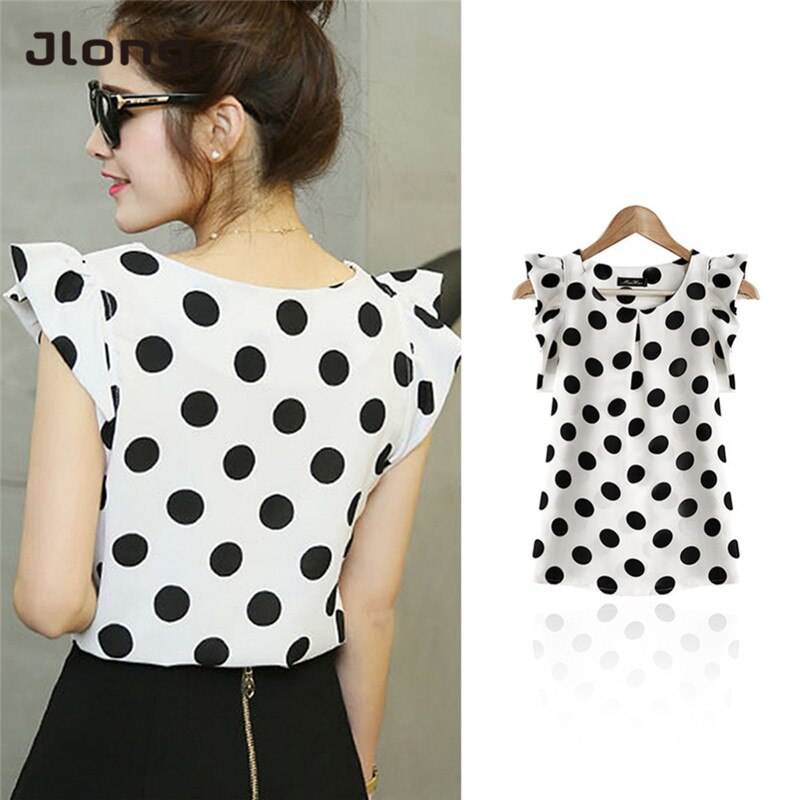 Mujer con lunares estampados Blusa de gasa Casual Camisa de manga corta Tops de verano