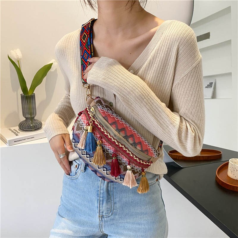 Riñonera de estilo étnico para mujer, bolso de cintura con correa ajustable de Color variado, con decoración de flecos, bandolera informal para el pecho, novedad