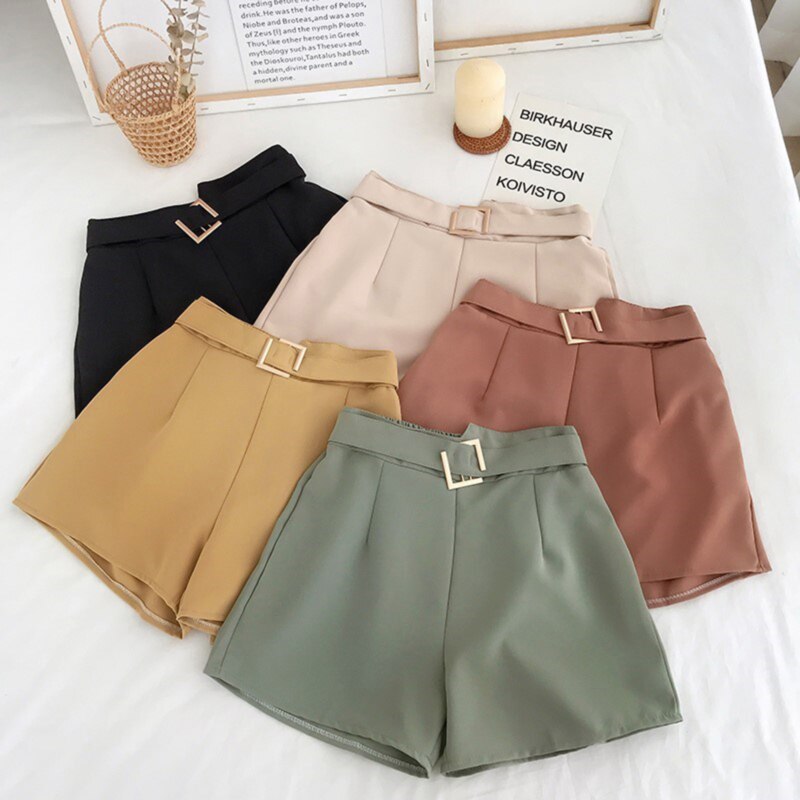 Coréen bref femmes Shorts jambe large avec ceinture noir costume Shorts solide élastique taille haute jaune 5 couleurs