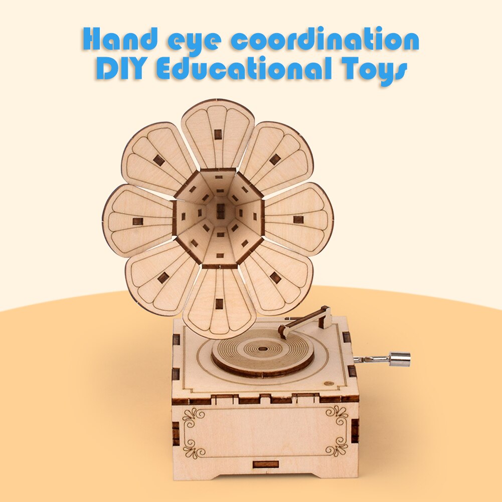 1Set DIY Hand Cranked Wood phonograph ramophone Music Box Wooden puzzle Handmade assembled children's YJN