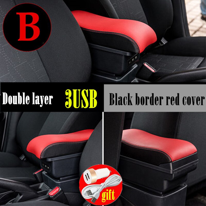 For Toyota Yaris Armrest For Toyota Yaris hybrid Car Armrest box Retrofit parts Interior Storage box USB LED: B Black red lid