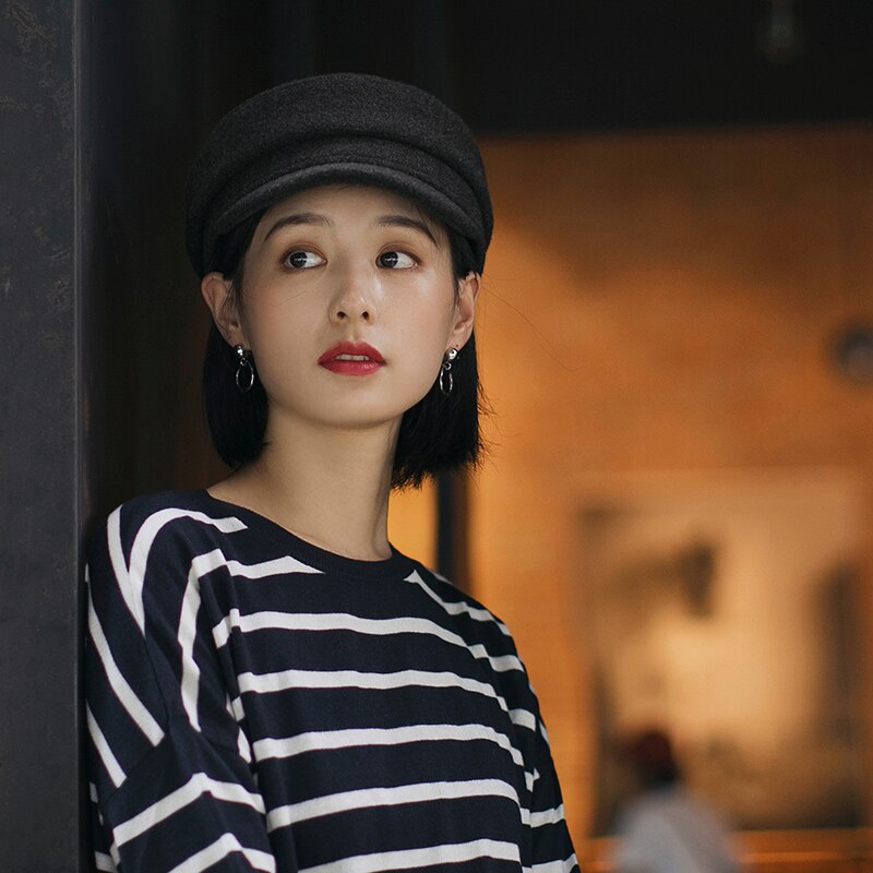 Gorro de marinero de lana, sombrero versátil coreano británico para mujer, gorro octogonal de informal, gorro de lengua de pato