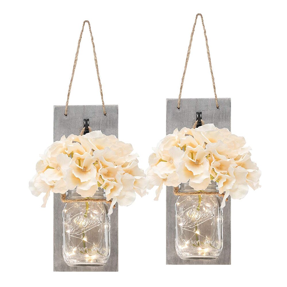 2Pcs Mason Jar Light Remote Control Mason Jar Decor Rustic Wall Sconces Light Hydrangea Flowers LED Strip Lights Mason Jar Light: Default Title