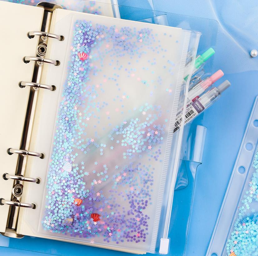 Archivador con agujeros y bolsillos de plástico para libreta, bolsa con cremallera para 6 anillos, con copos de brillantina, decoración de estrellas, A5/A6