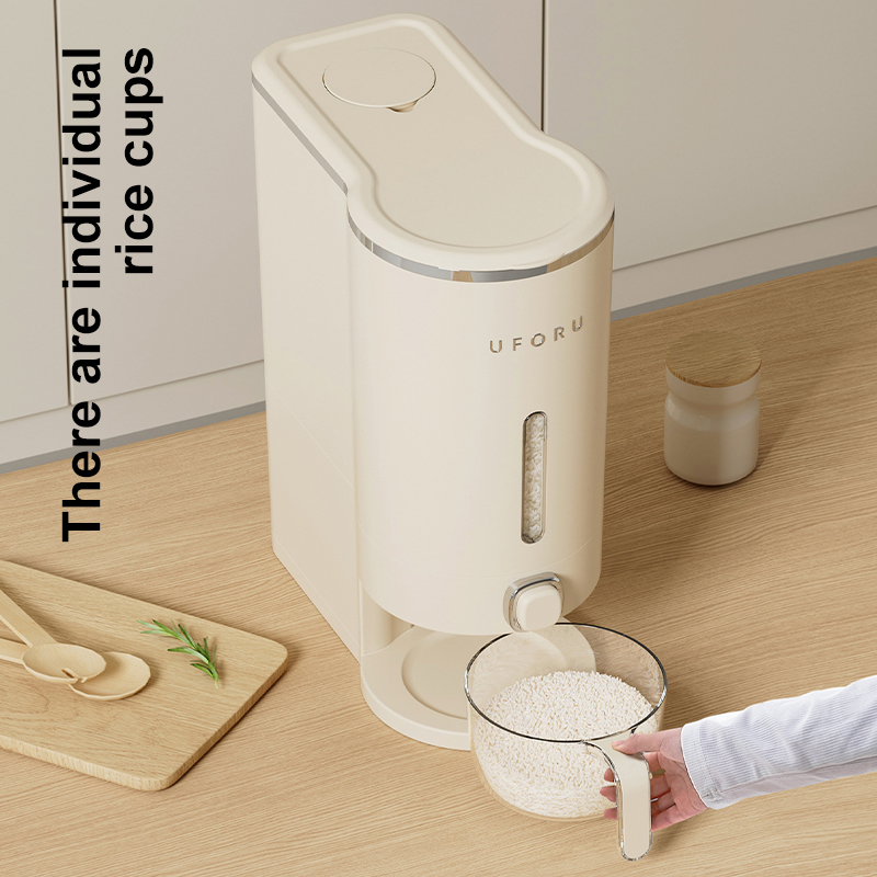 UFORU-barril de arroz blanco crema para el hogar, cubo de almacenamiento de alimentos para perros y gatos, caja de almacenamiento de granos grandes tipo prensa, suministros de cocina