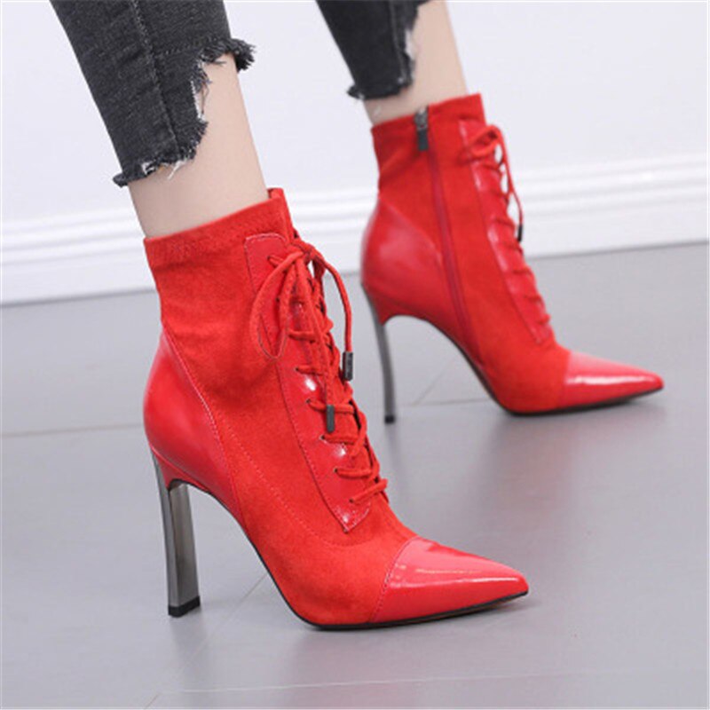 Vrouwen Mode Korte Laarzen Wees 12Cm Hoge Hakken Dames Stiletto Zijrits Cross Lace-Up Laarzen Vrouwen zapatos De Mujer Botas