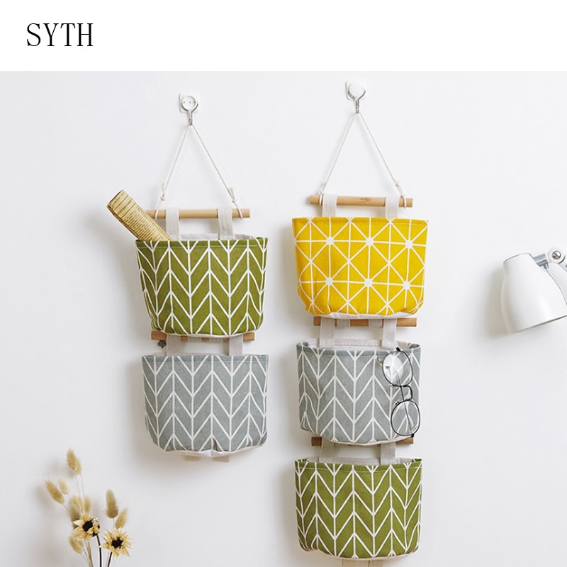 Pattern Cotton Linen Hanging Storage Bag Wall Mounted Wardrobe Hang Bag Wall Pouch Cosmetic Toys Organizer