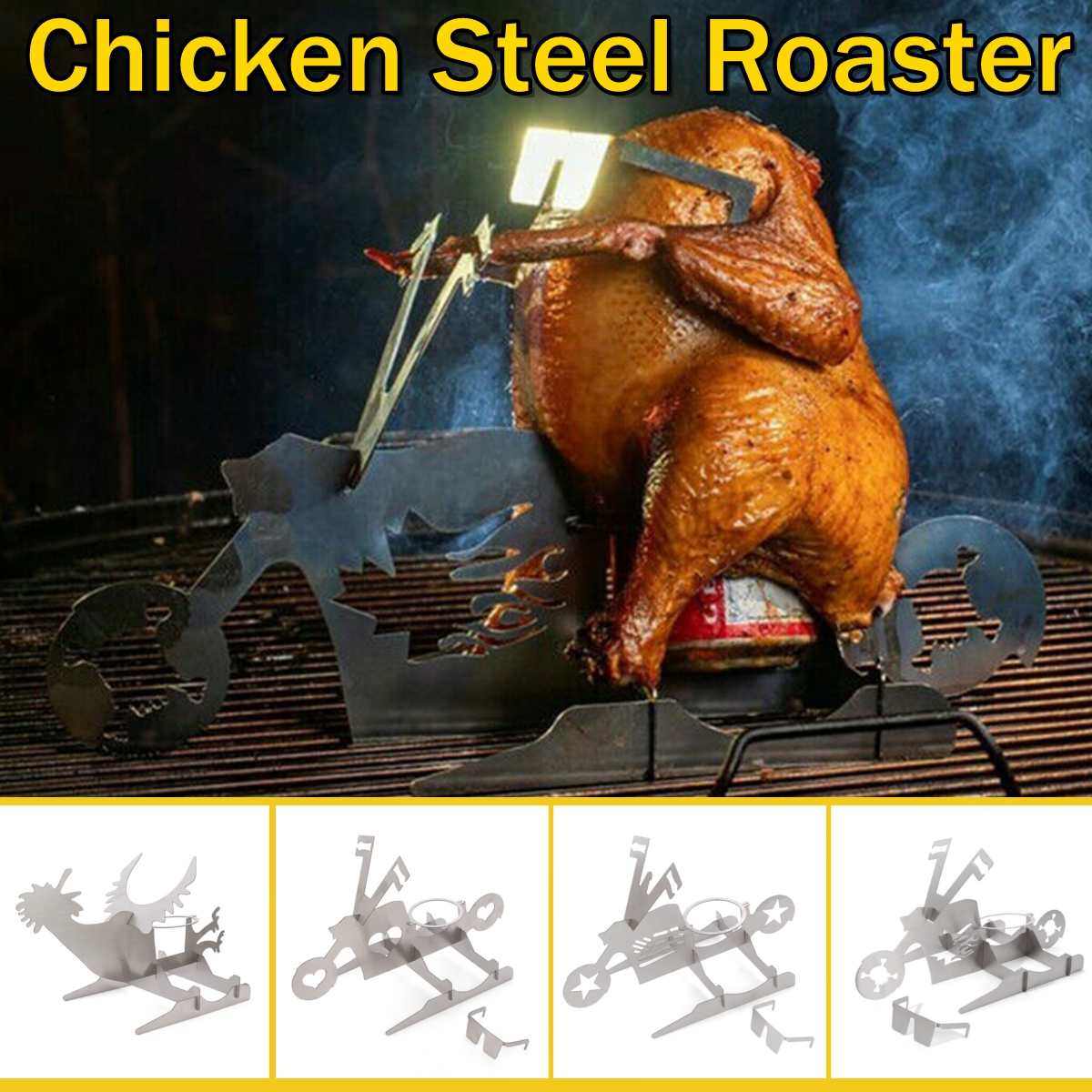 Rvs Roster Kip Stand Met Bier Kan Houder Motorfiets Grill Bbq Rek Vorm Koffiebrander Rack Stand