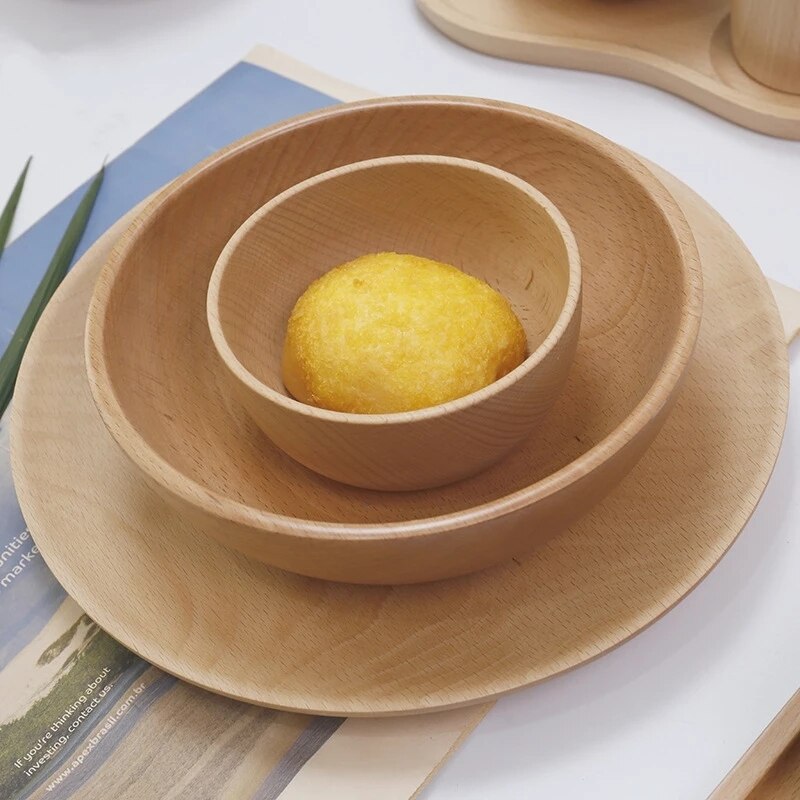 Round Wooden Salad Soup Dining Bowls Plates Storage Home Kitchen Bowl