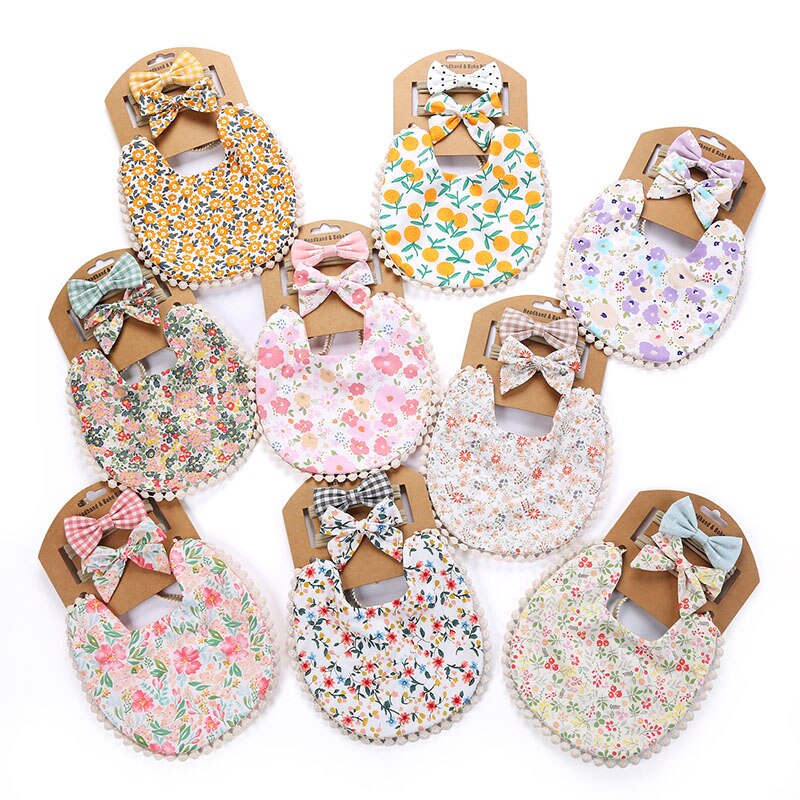 Babadores de algodão para bebês com estampa de flores, 3 peças, conjunto de avental para crianças e meninas, panos para arrotar, turbante, material de alimentação