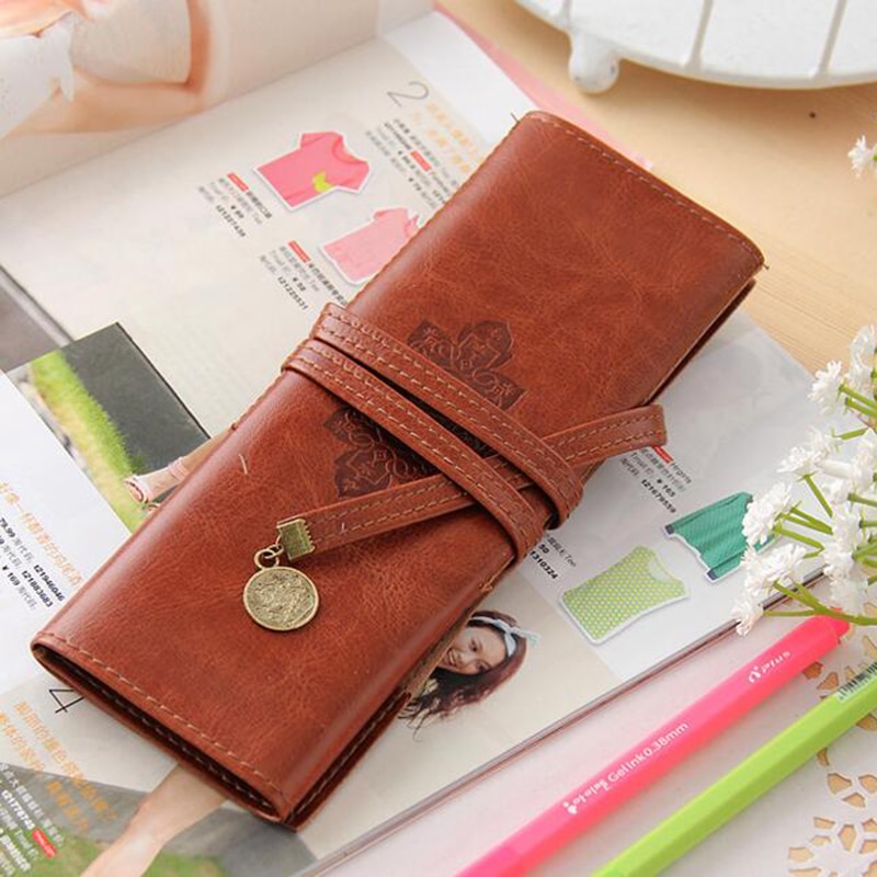 1 Uds. Estuches Retro creativos de cuero PU rollo bolsa pluma bolsillo para material de papelería bolsa de cosméticos