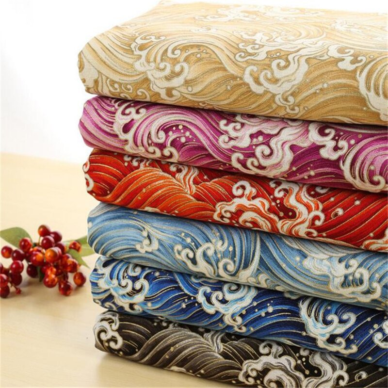 Doe-het-zelf katoenen linnenstof voor tafelkleed/kussenhoezen, japanse ukiyoe-prints met oceaan-golven, prachtige bronzen kleding-/tassenstof