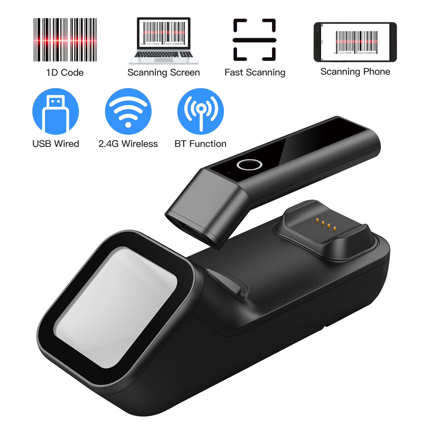 Barcode Scanner Handheld 1D/2D/Qr Bar Code Reader Ondersteuning Bt 2.4G Draadloze Usb Bekabelde Verbinding Met opladen Scannen Base: 1D Code