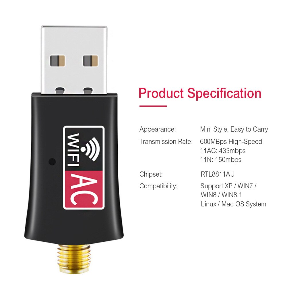 AC600Mbps WiFi Adapter Band USBWireless Network with Ant enna