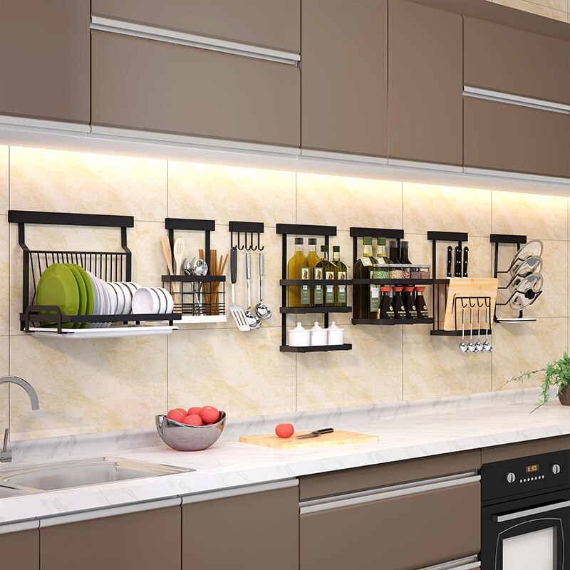 Black Stainless Steel Wall Mounted Kitchen Storage Rack Dish Drainer Plate Drying Pot Cover Cutlery Holder Oragnizer Accessories