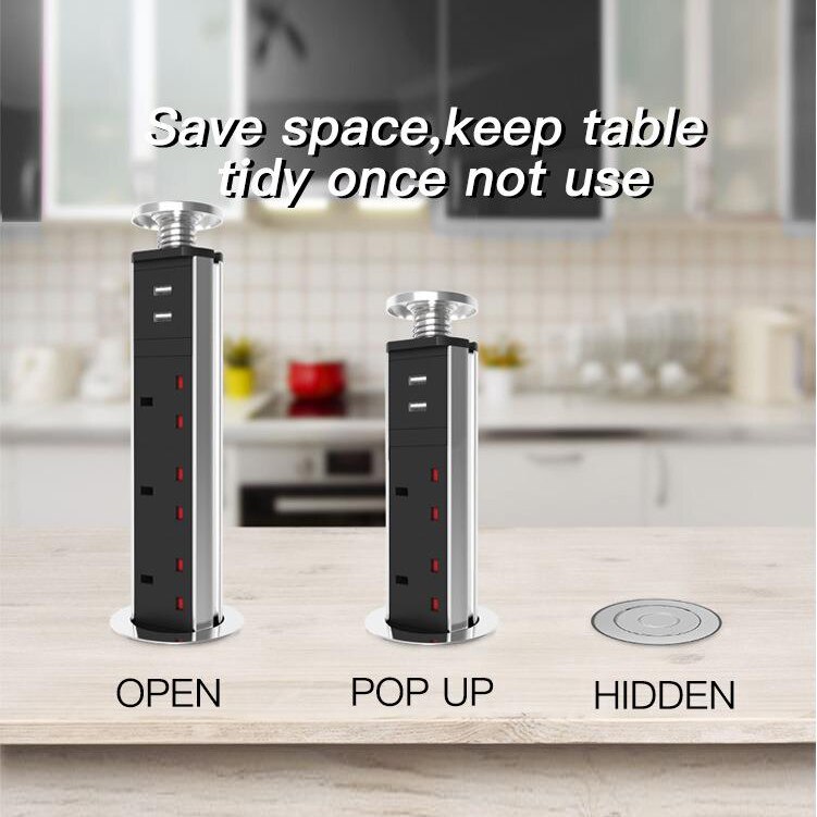 UK Plug 3 power Kitchen Table Electrical Socket Desktop Sockets Power 2 charge USB Aluminum Shelf PULL POP UP TYPE Table Desktop