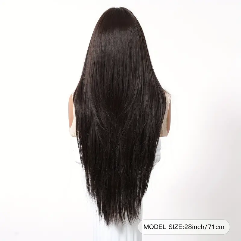 Lange gerade dunkelbraune synthetische Perücken mit Pony, seidige geschichtete Perücken für Frauen, täglicher Partygebrauch, Naturhaar-Perücke, hitzebeständig