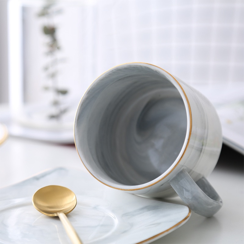 Kaffekopp och fat i marmor keramisk tevattenkopp porslin återanvändbar nespresso latte cappuccinokoppar 220ml