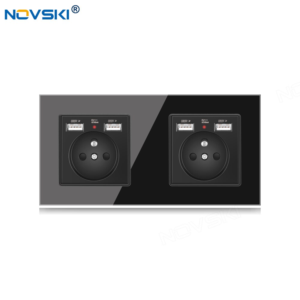 Novski Eu Franse Muur Kristal Glas Zwart Paneel Stopcontact 2 Frame 86*172 Mm, ingebouwde Led Voor Usb Charger: glass panel  4-USB